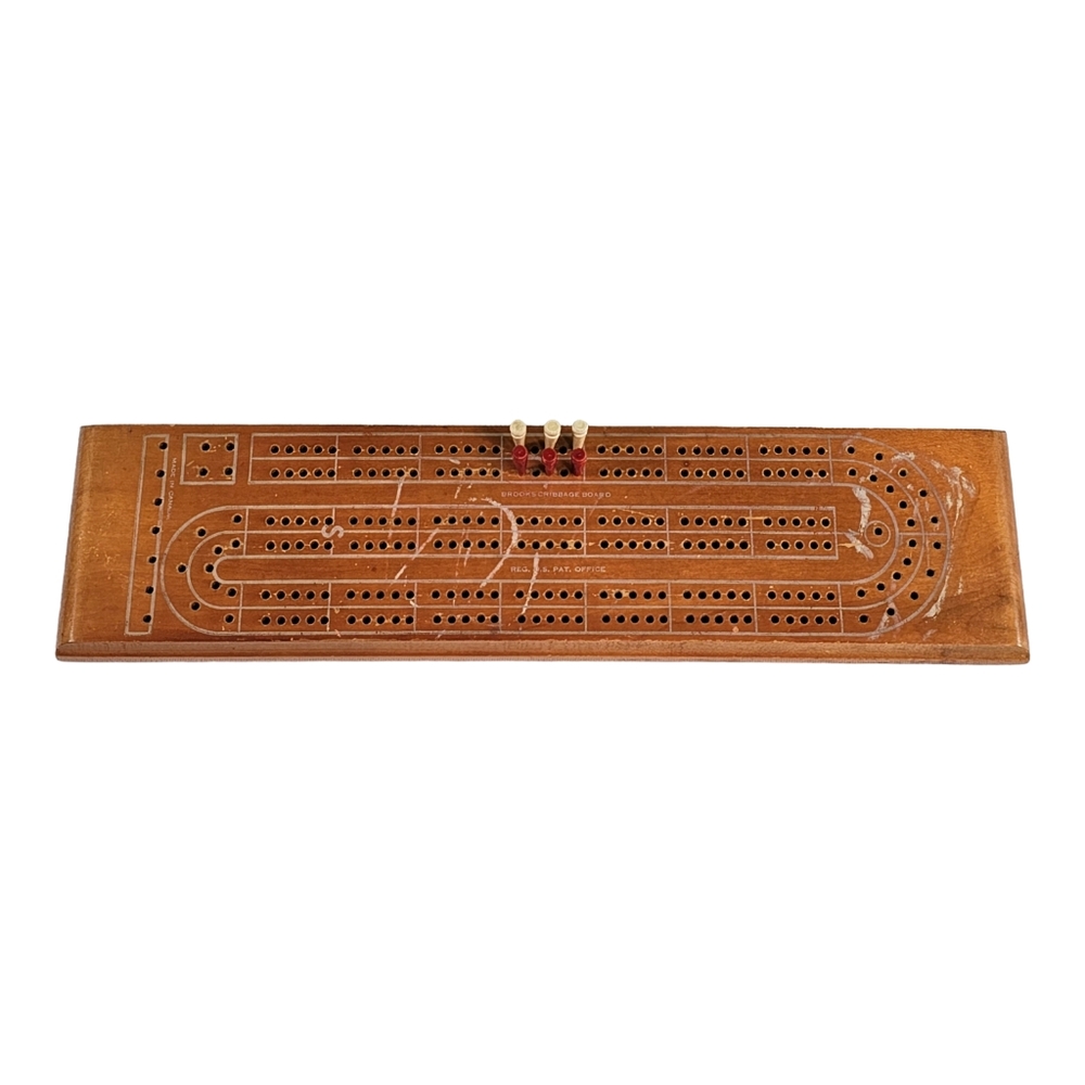 Vintage Brooks Cribbage Board, Wood, 6 Pegs, 14.25" x 3.5"‎ x 1"
